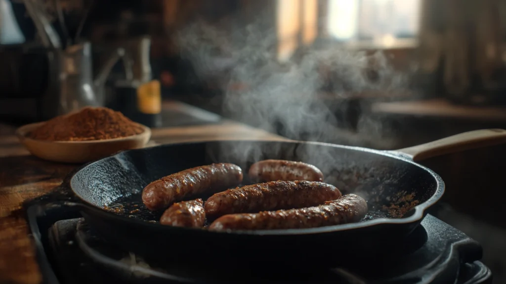 Hot sausages sizzling in a cast-iron skillet, with a golden crust forming and steam rising for a freshly cooked look.