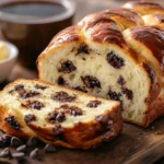 Golden brown braided chocolate chip brioche with a fluffy interior, one slice cut open, showing melted chocolate chips.