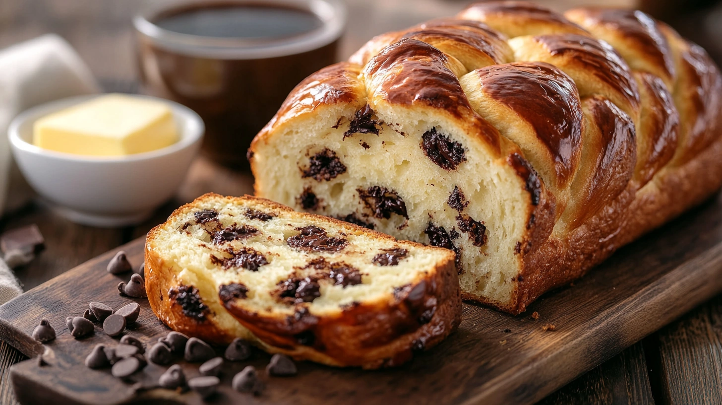 Golden brown braided chocolate chip brioche with a fluffy interior, one slice cut open, showing melted chocolate chips.