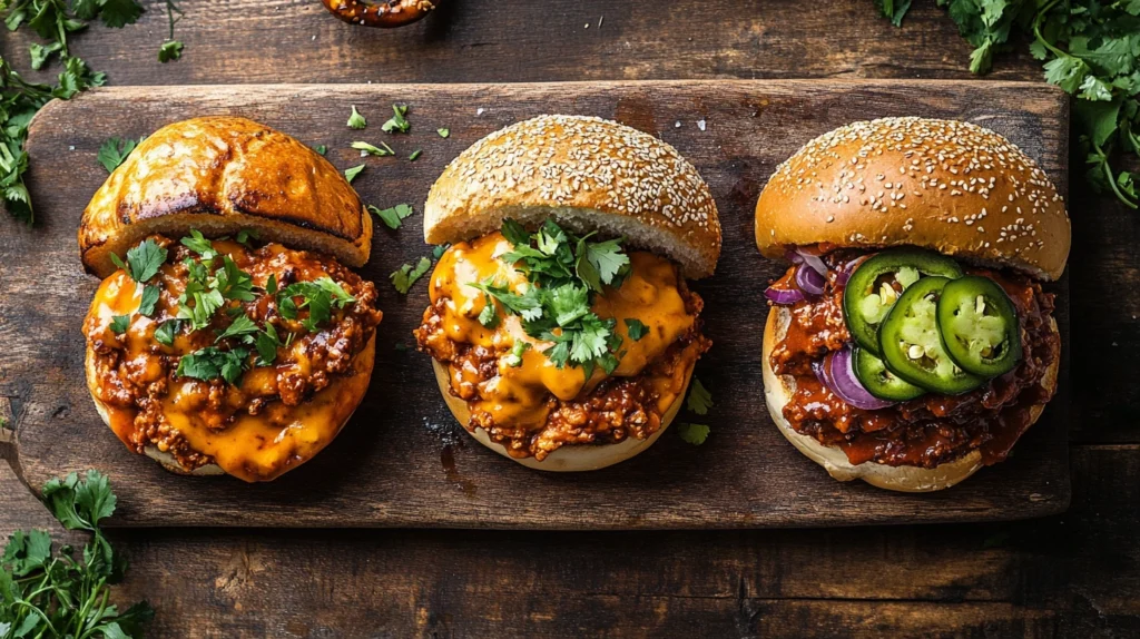 Three variations of Cheesy chicken sloppy joe recipes  with unique toppings and buns.