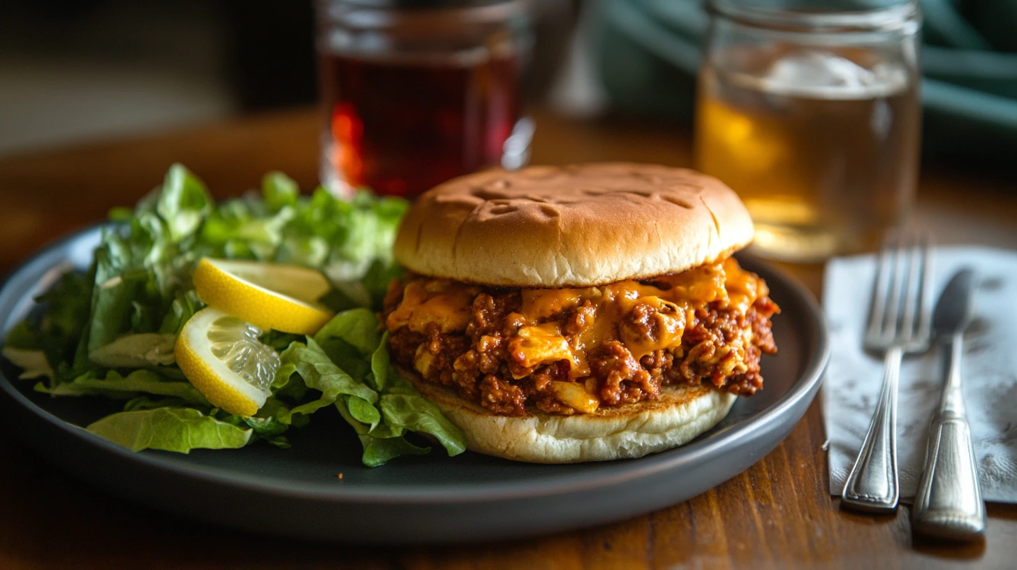 Cheesy chicken sloppy joe served with a fresh romaine lettuce and lemon vinaigrette salad.