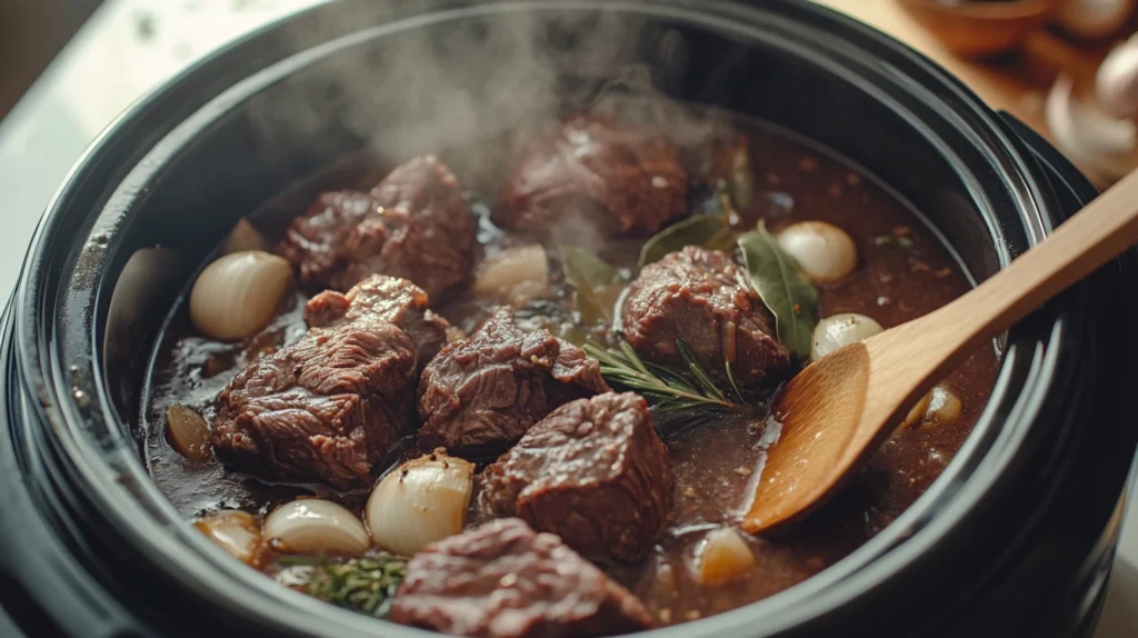 Beef cheeks slow-cooking in a crockpot with rich broth, garlic, onions, and bay leaves.