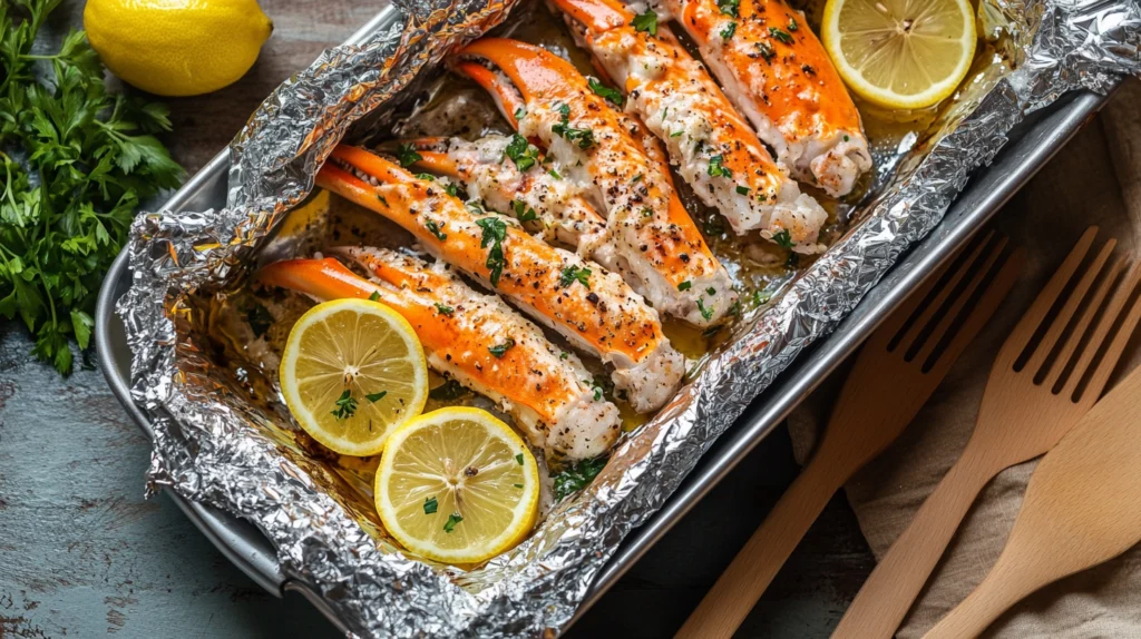 Snow crab legs in a foil-covered baking dish, surrounded by fresh lemon slices and herbs, ready for baking.