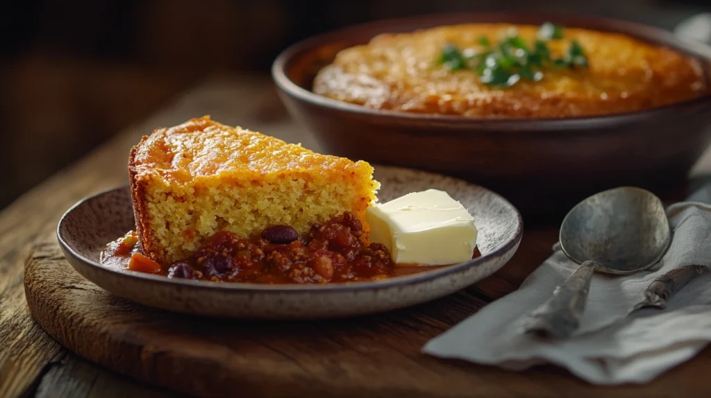 A slice of Southern Cornbread Recipe Beef Tallow: A Golden, Crispy Delight served with chili and butter on a rustic plate.