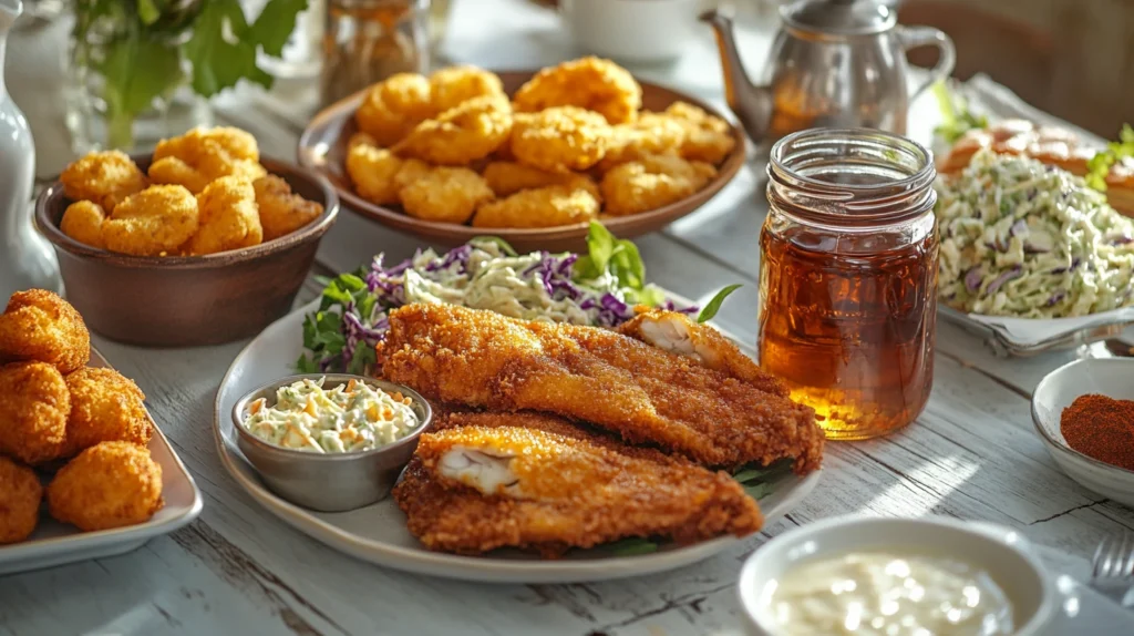 A Southern-style meal with fried fish, coleslaw, hushpuppies, and iced tea, showcasing the hillbilly seasoning blend