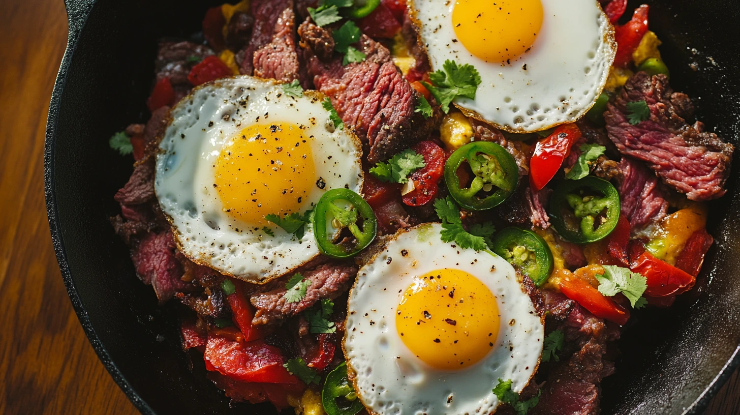 Spicy corned beef hash with red bell peppers, jalapeños, and fried eggs, garnished with fresh cilantro in a cast-iron skillet.