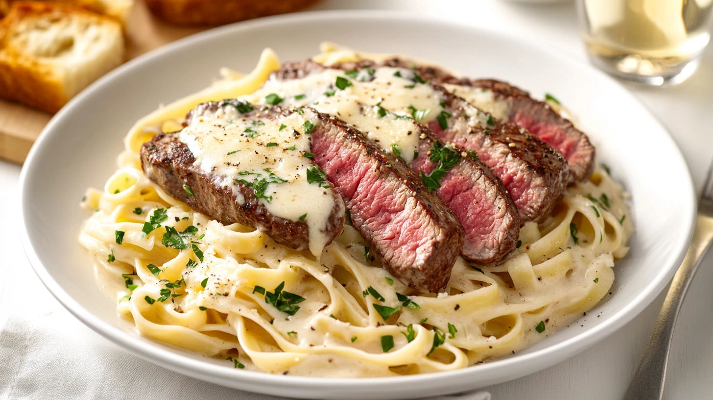 Plated steak Alfredo with creamy pasta, seared steak slices, and garnishes, served alongside garlic bread