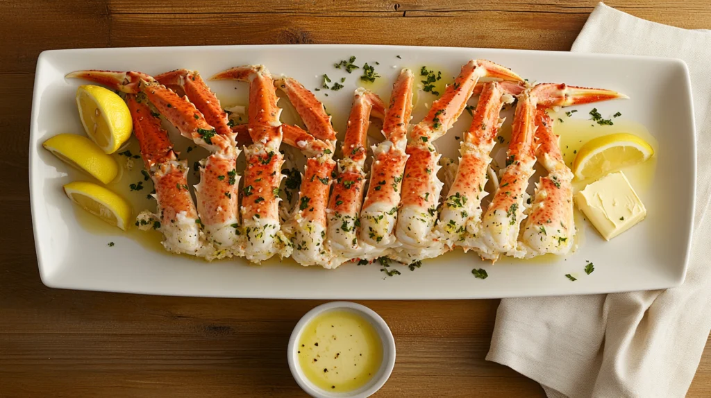 Close-up view of steamed snow crab legs garnished with lemon wedges and parsley, served with clarified butter.