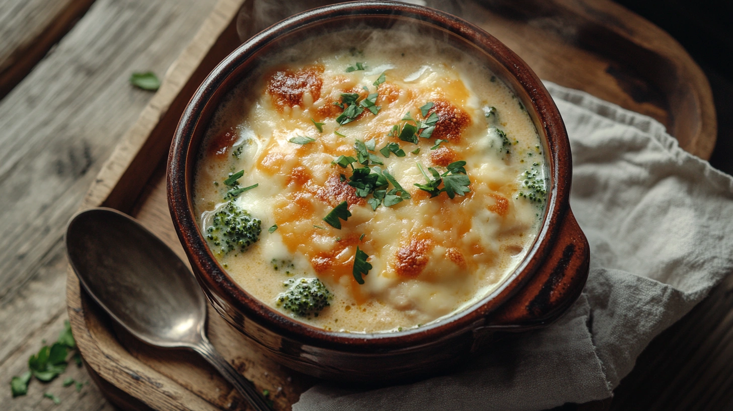 Steaming bowl of chicken broccoli cheddar soup garnished with parsley, served in a rustic ceramic bowl on a wooden tray.