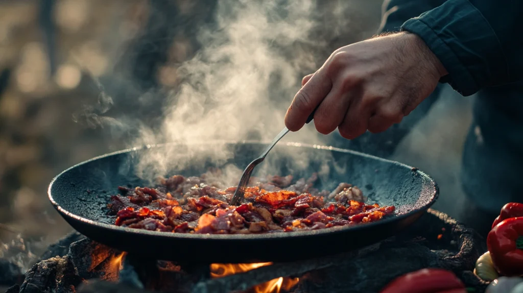 Cooking bacon and chorizo in a plow disc with vibrant veggies ready nearby