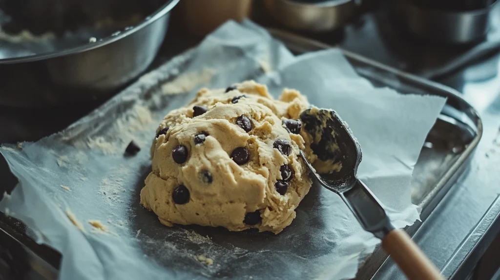 Scooping cookie dough with chocolate chips onto a parchment-lined baking tray, with tools and dough visible in the background.