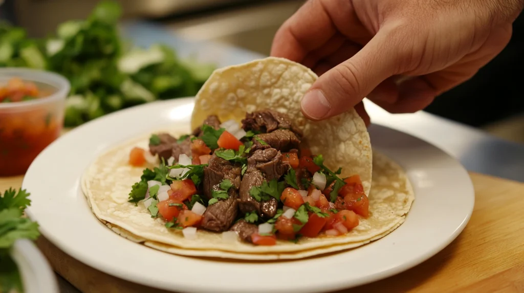 Tacos de lengua being assembled with sautéed beef tongue, cilantro, onions, and salsa on fresh tortillas