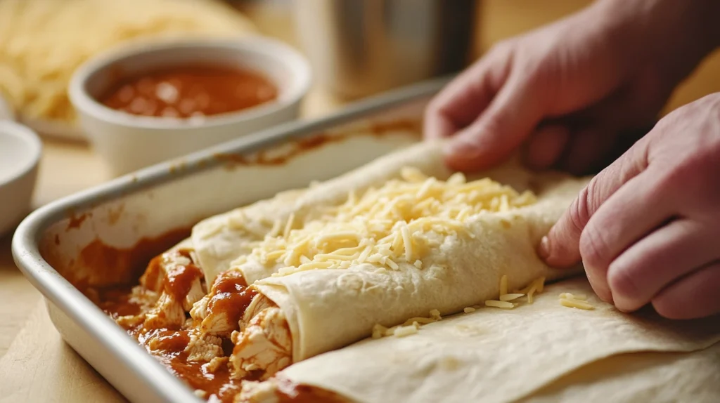 Close-up of hands rolling tortillas filled with chicken and cheese for the Boulders enchilada recipe.