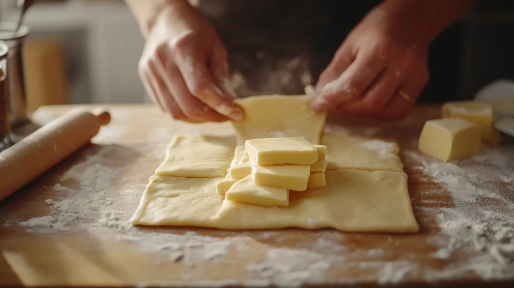  Baker laminating dough with butter to create flaky layers for Swiss Gipfeli.