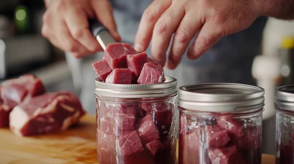 Hands packing raw venison cubes into sterilized glass jars for canning.