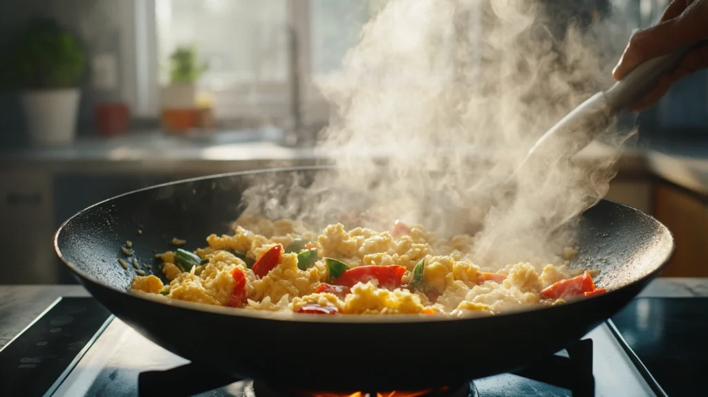 Rice, scrambled eggs, and vegetables being stir-fried in a wok to make Anjappar egg fried rice, with visible steam.