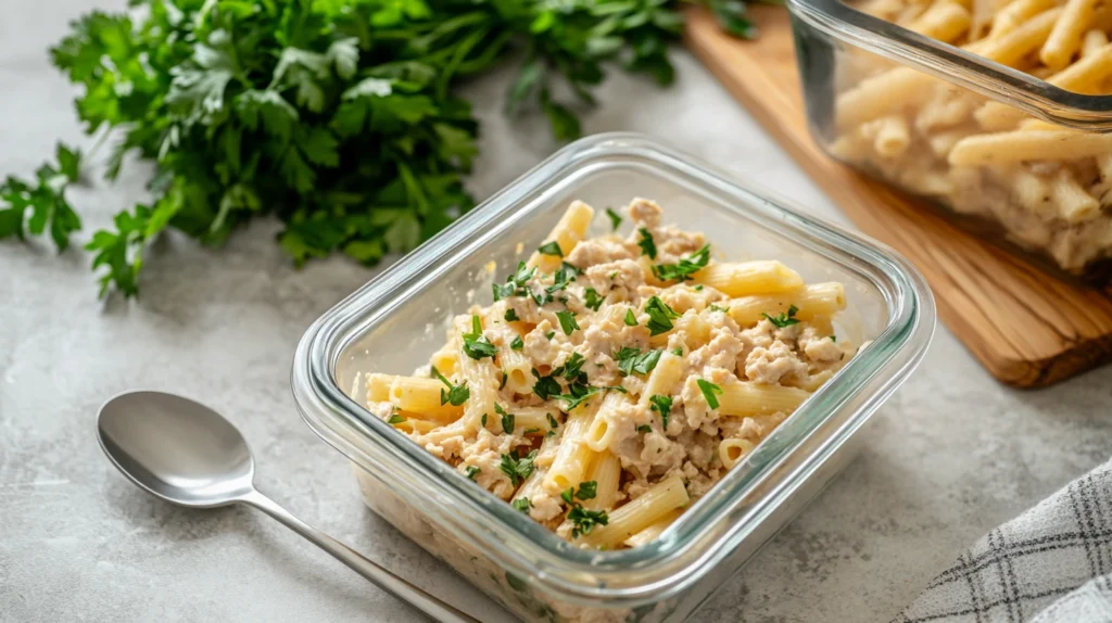 Leftover cheesy ground chicken pasta stored in a glass container, ideal for meal prep or easy reheating.