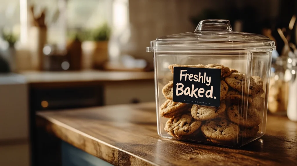 Clear container filled with freshly baked Disney chocolate chip cookies, labeled and ready for storage on a wooden counter.