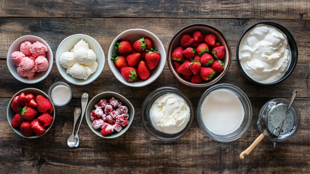 Ingredients for homemade strawberry ice cream bars, including fresh strawberries, cream, and cookies.