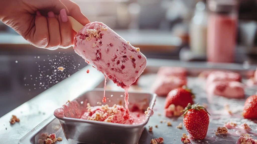 A hand dipping a strawberry ice cream bar into a bowl of strawberry crumble coating.