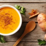 Silky sweet potato puree in a white bowl with cinnamon garnish on a wooden table