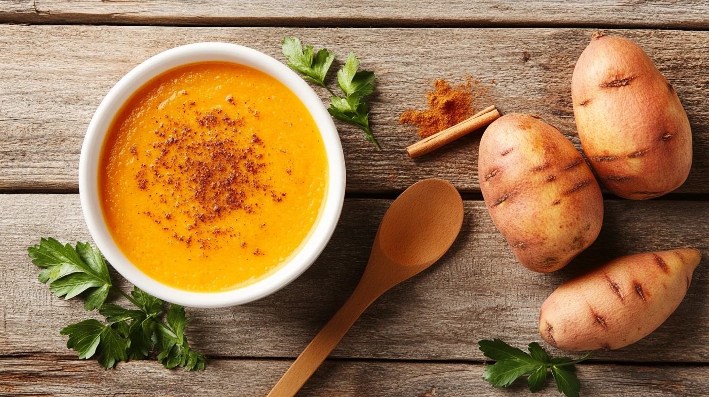 Silky sweet potato puree in a white bowl with cinnamon garnish on a wooden table