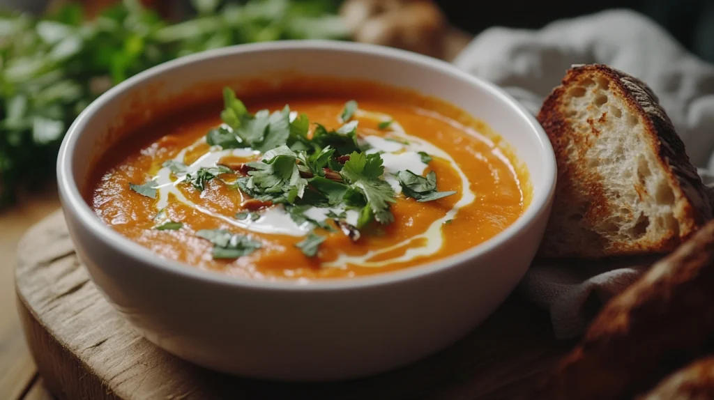 Sweet potato soup topped with coconut milk and herbs, served with bread on a rustic table.