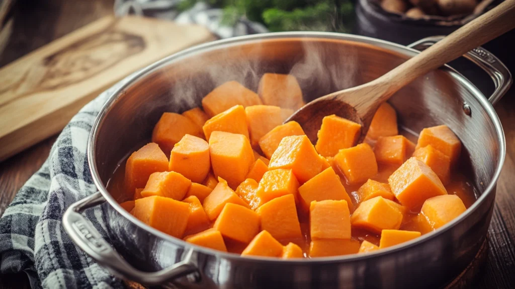 Peeled and cubed sweet potatoes boiling in a pot with steam rising