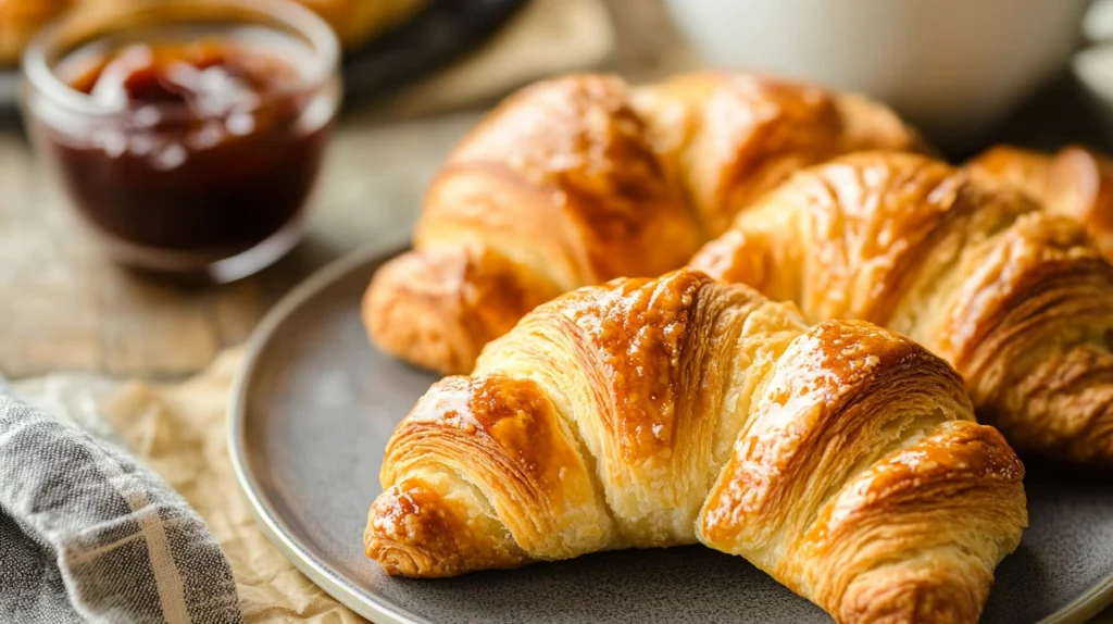 Freshly baked Swiss Gipfeli served with fruit jam and coffee for a classic European breakfast.