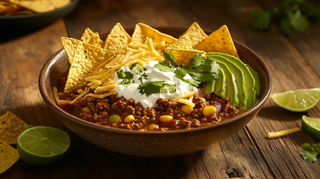 A spread of Taco Soup Frios toppings including sour cream, cheese, avocado, tortilla strips, and sides like cornbread and salad.