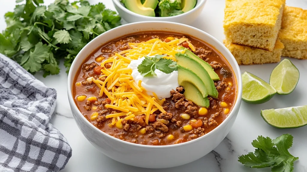  A serving of Taco Soup Frios topped with sour cream, cheese, avocado slices, and tortilla chips, garnished with lime and cilantro.