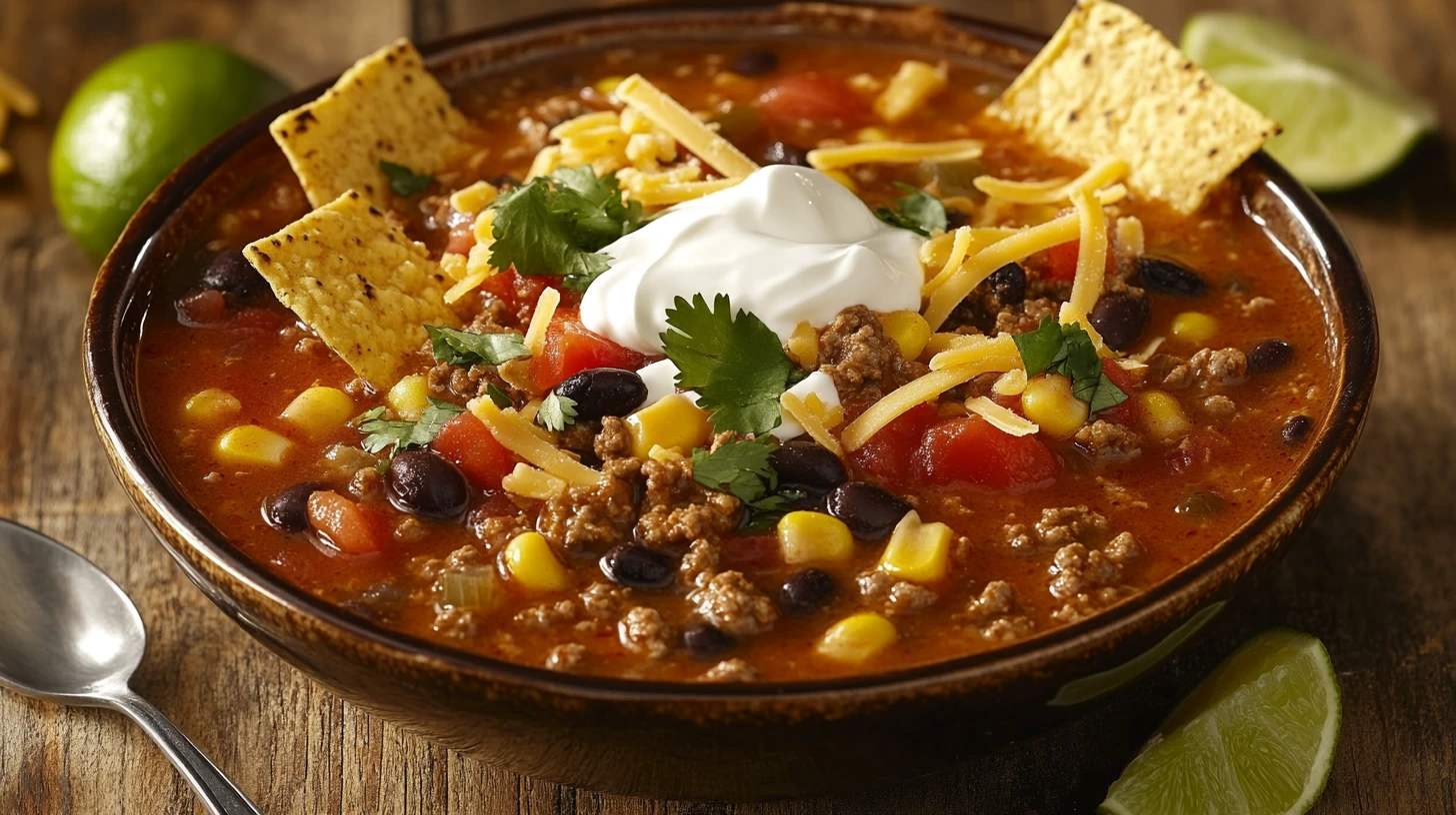 A vibrant bowl of Taco Soup Frios topped with sour cream, shredded cheese, tortilla strips, and cilantro