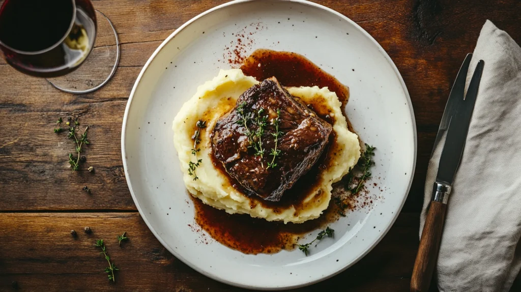 Slow-cooked beef cheek meat in sauce served with mashed potatoes and garnished with fresh thyme.