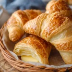 Freshly baked Swiss Gipfeli recipe on a wooden board, served with butter and coffee.