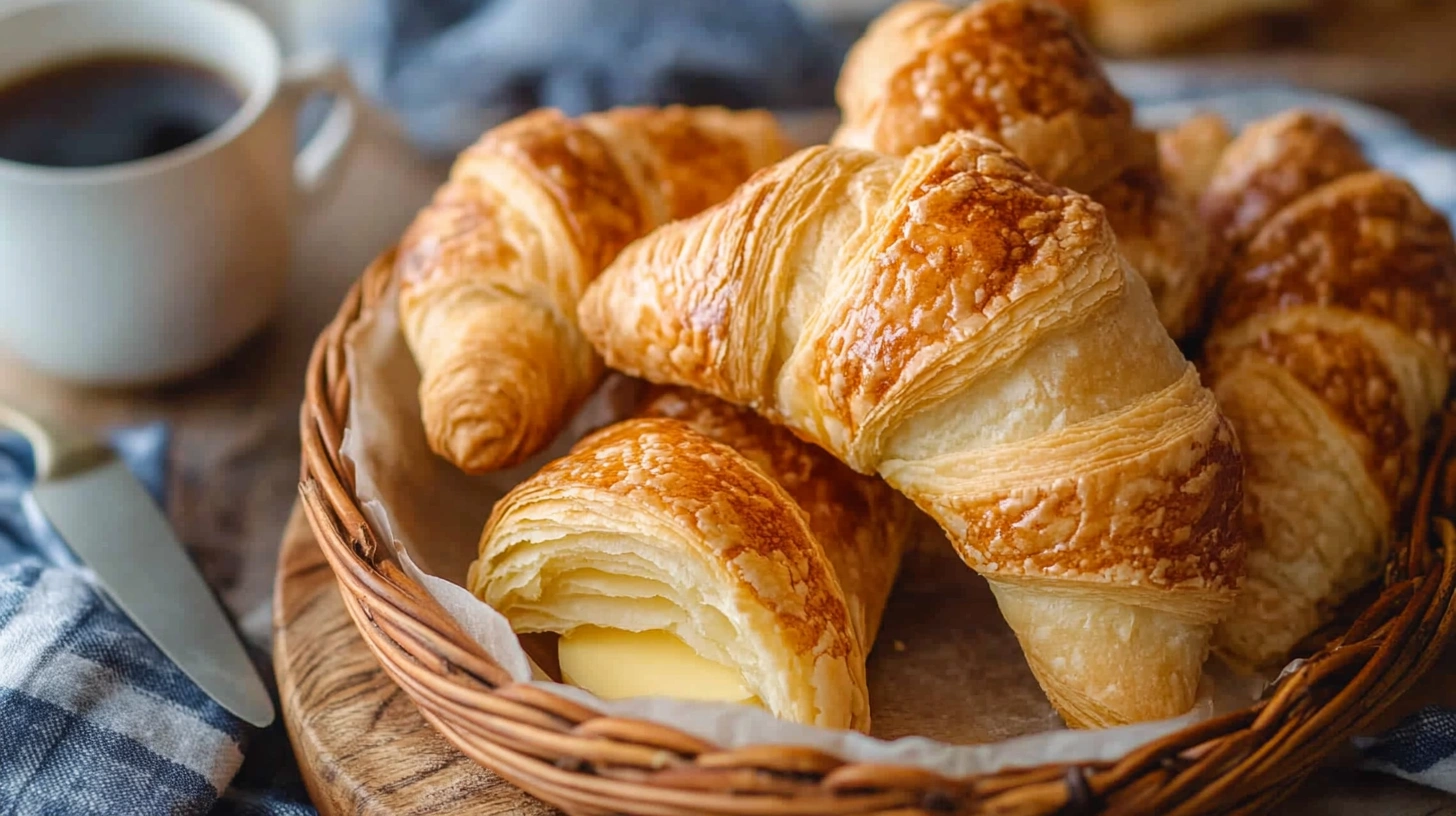 Freshly baked Swiss Gipfeli recipe on a wooden board, served with butter and coffee.