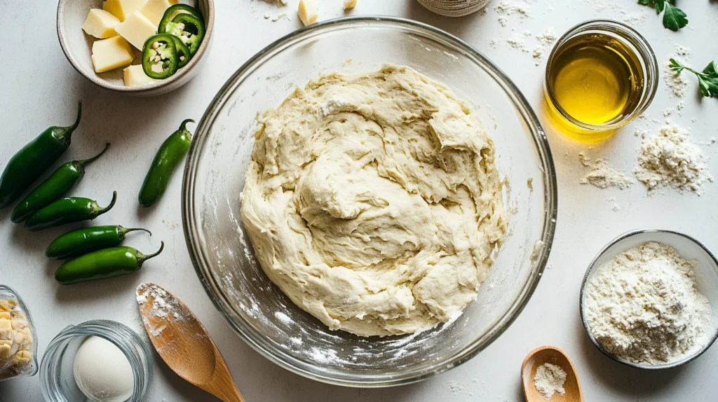 Bowl of vegan jalapeño cheese bread dough with ingredients like flour, jalapeños, and vegan cheese surrounding it.