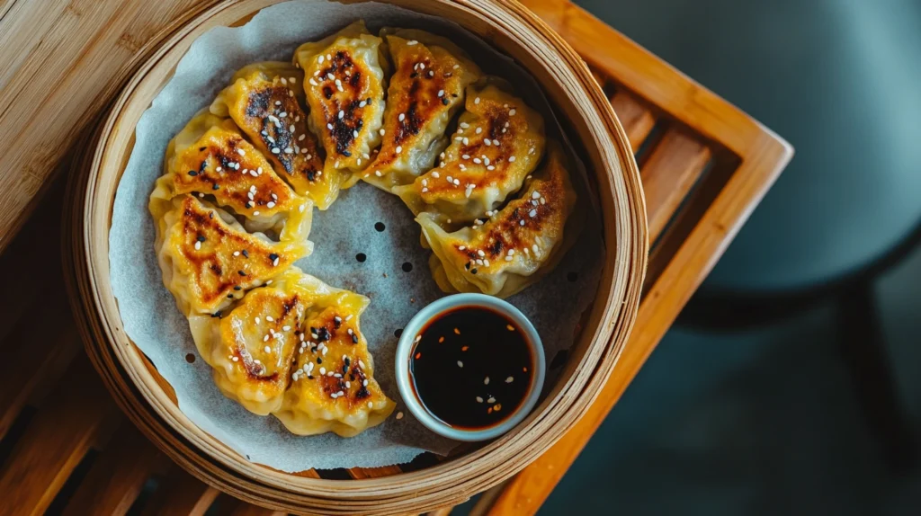 Vegan dumplings filled with mashed kabocha squash and tofu, served in a bamboo steamer with soy sauce on the side