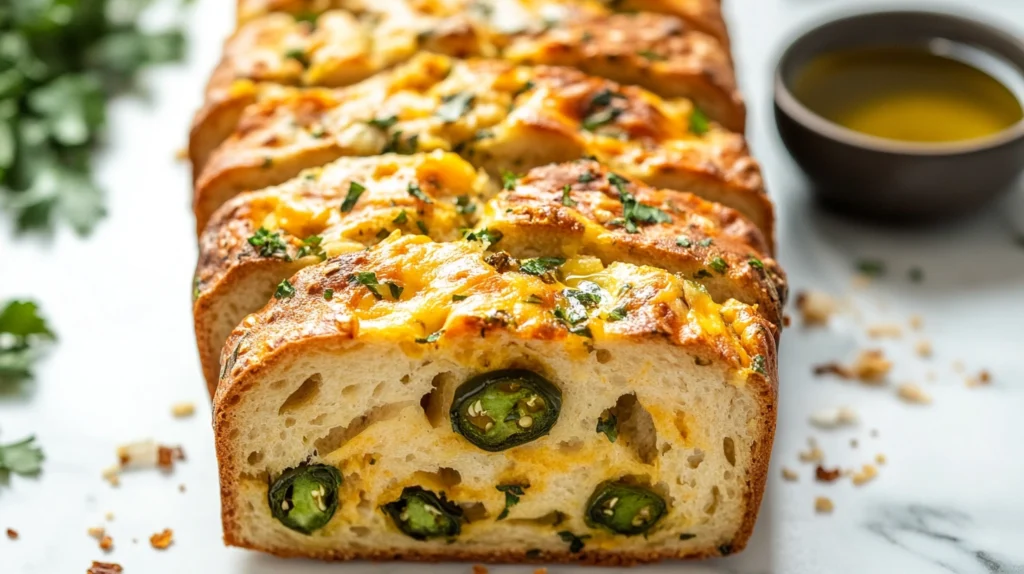 Sliced vegan jalapeño cheese artisan bread showing fluffy interior with melted cheese and jalapeño pieces.