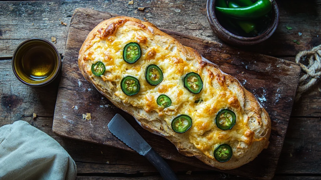 Freshly baked vegan jalapeño cheese artisan bread with golden crust and jalapeño garnish on a wooden board.