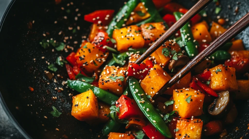 Vegan kabocha squash stir-fry with snap peas, bell peppers, and mushrooms in a black wok, garnished with sesame seeds