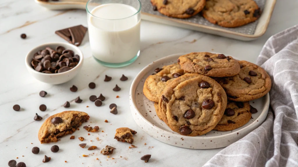 Freshly baked Disney chocolate chip cookies on a marble countertop, surrounded by chocolate chips and a glass of milk.