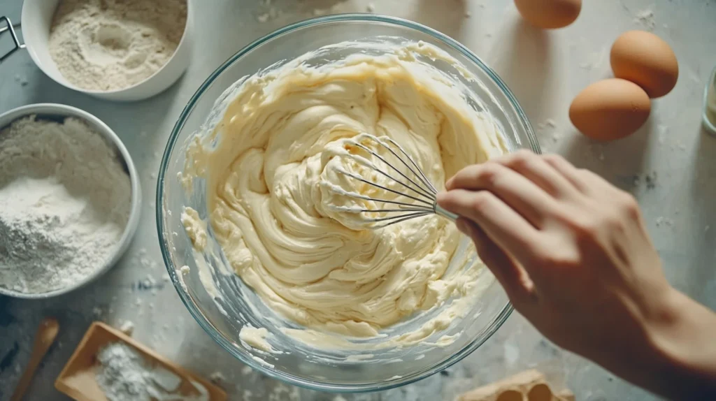 Close-up of hands whisking kefir cake batter in a glass bowl with scattered baking ingredients around.