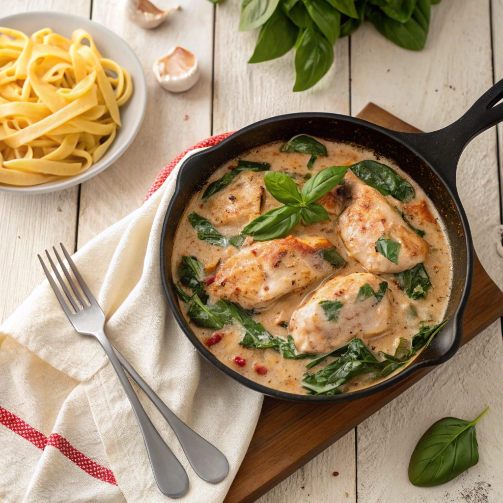 Creamy Marry Me Chicken with Spinach in a skillet, garnished with basil.