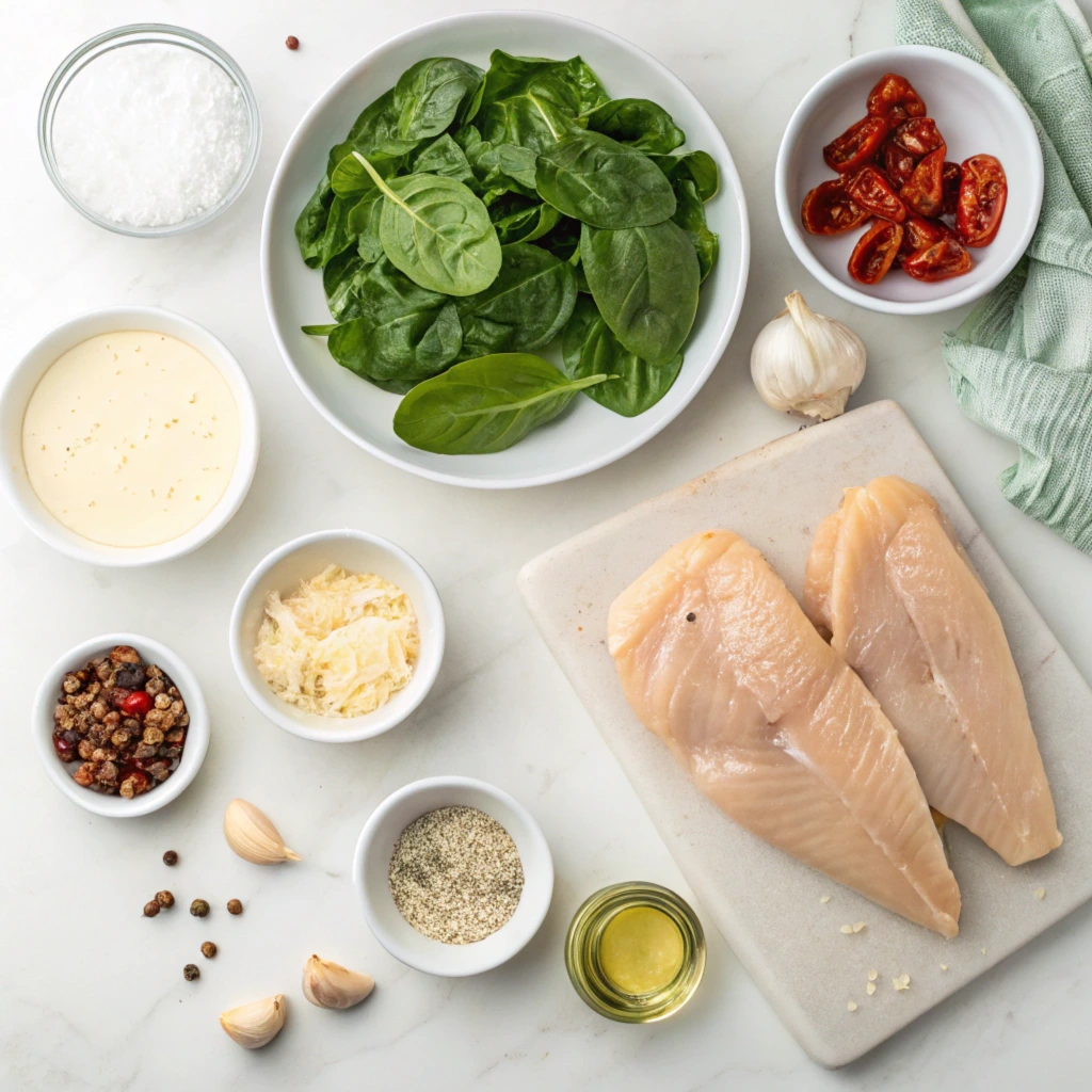 Fresh ingredients for Marry Me Chicken with Spinach neatly arranged on a marble counter.