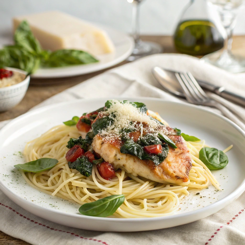 Plated Marry Me Chicken with Spinach served over pasta, garnished with basil and Parmesan.