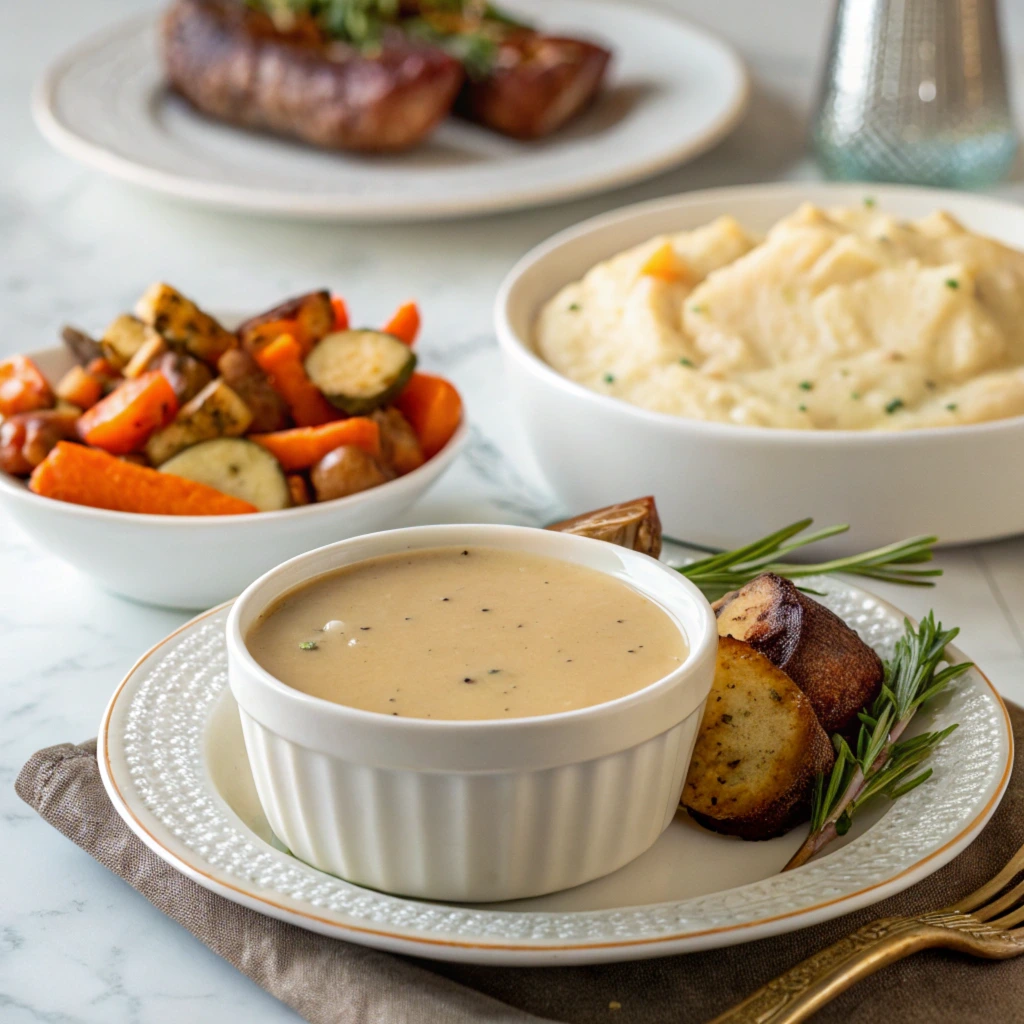 Homemade au jus in a small bowl with roasted vegetables and mashed potatoes served as sides