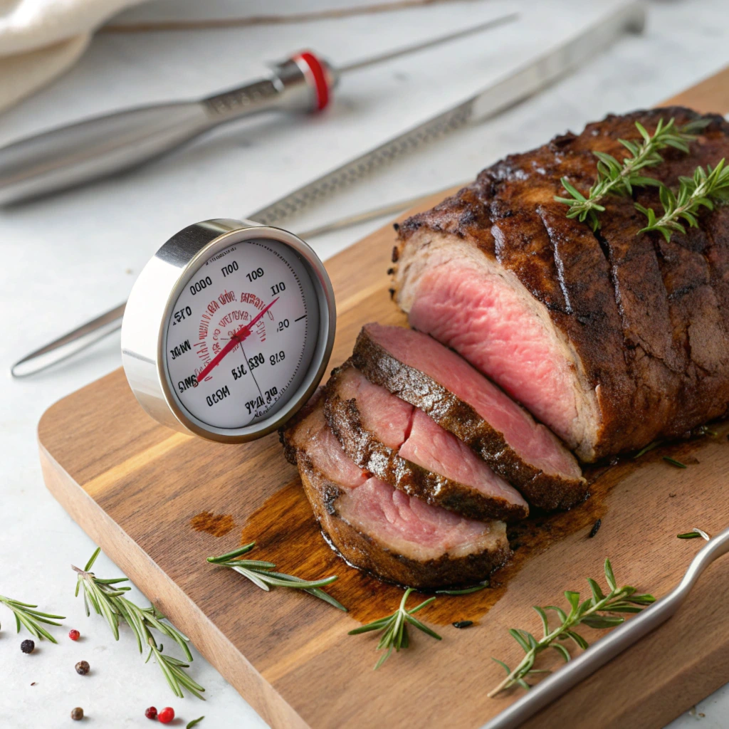 Meat thermometer inserted into a roasted Poor Man's Prime Rib: A Budget-Friendly Alternative to the Classic  cut showing perfect medium-rare temperature