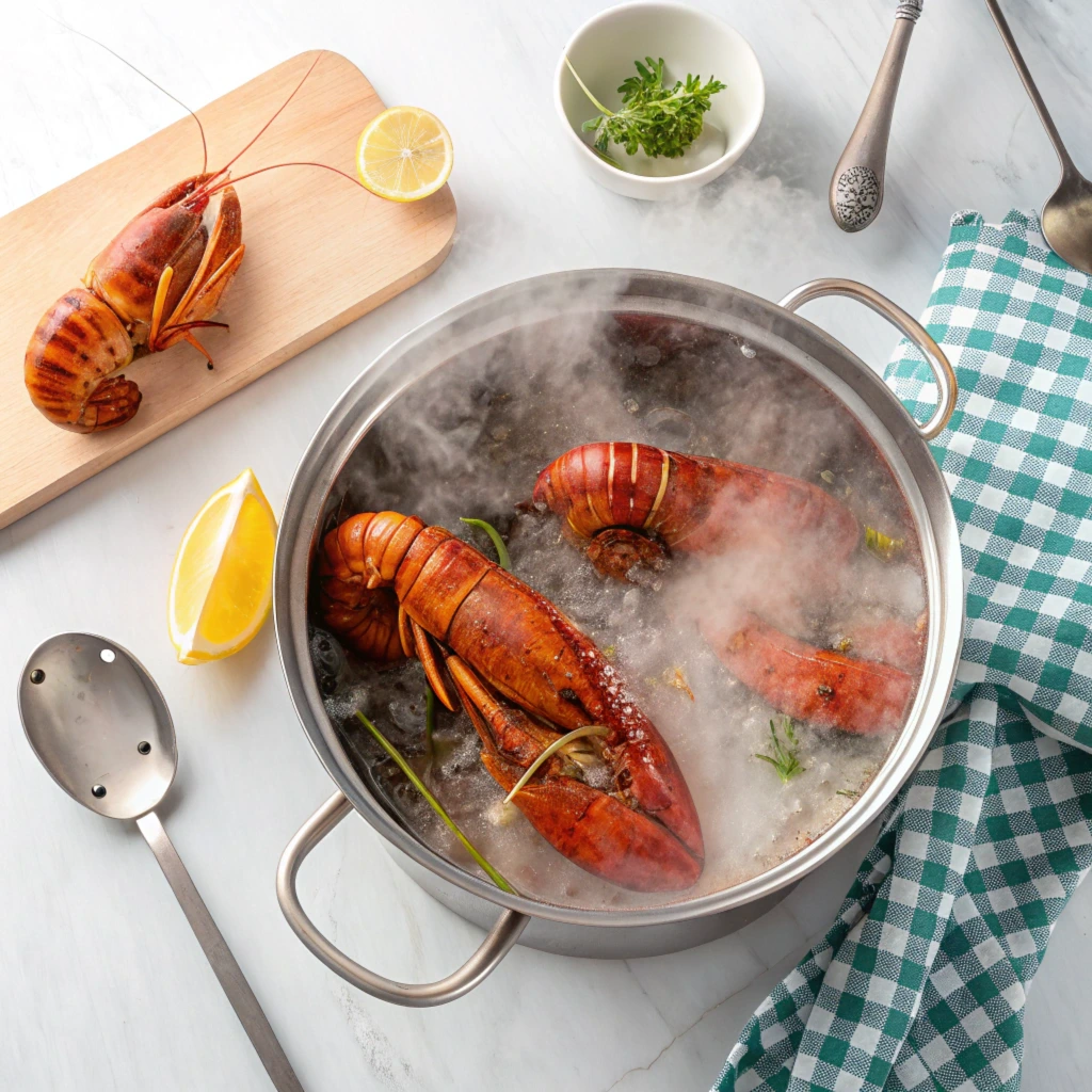 Fresh lobster tails boiling in a pot of water with steam rising, ready for preparation.