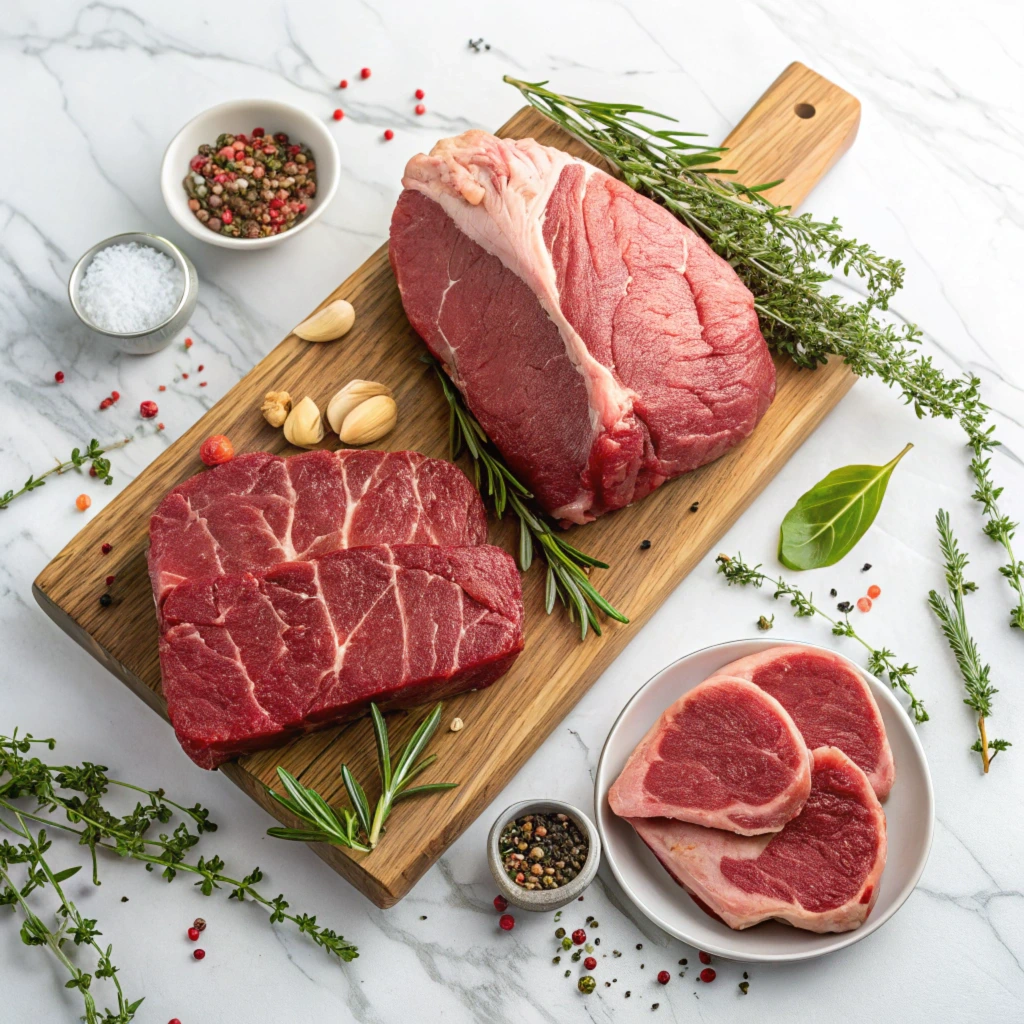 Various raw beef cuts including eye of round roast and chuck roast with fresh herbs and seasonings