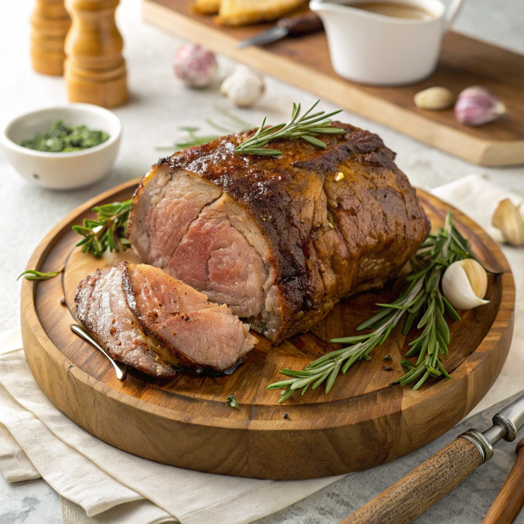 Various raw beef cuts including eye of round roast and chuck roast with fresh herbs and seasonings